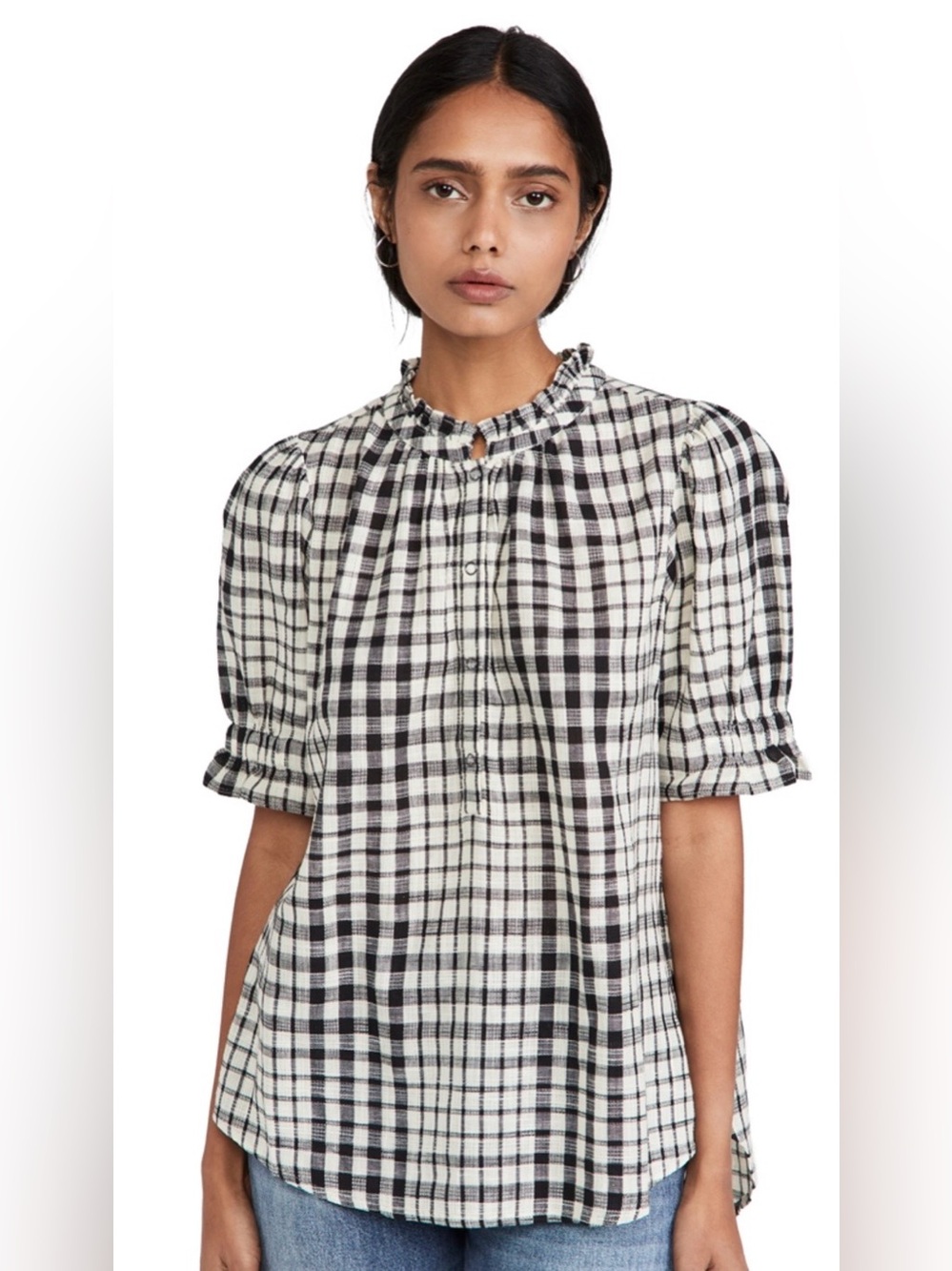 Apiece Apart Plaid Los Altos Puff Sleeve Ruffle Top Gauzy Cottagecore